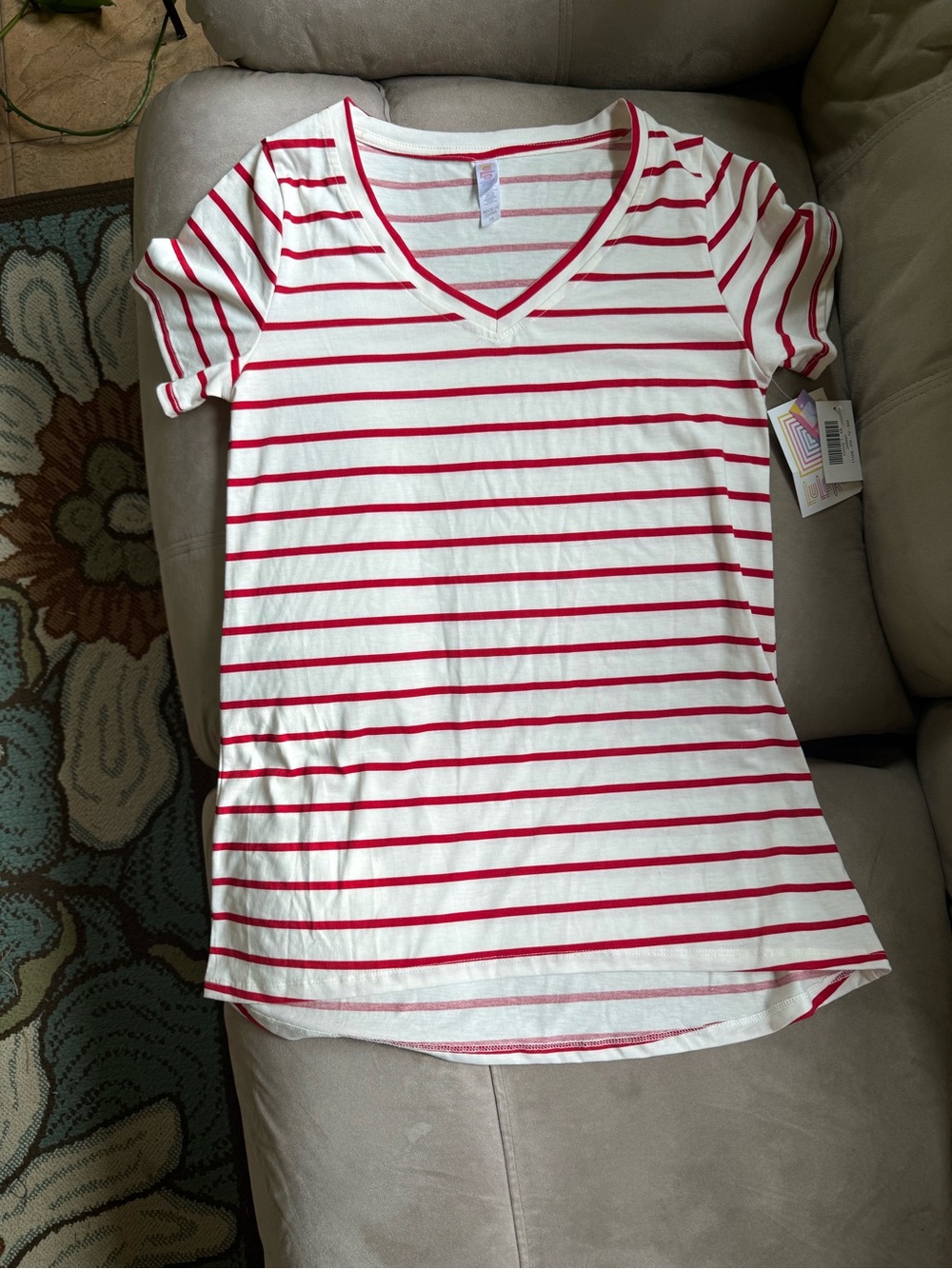 LuLaRoe White V-Neck Tee with Red Stripes